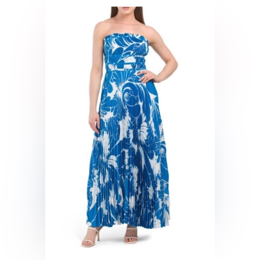 Taylor Pleated Maxi Dress bright blue Hawaiian pattern NWOT